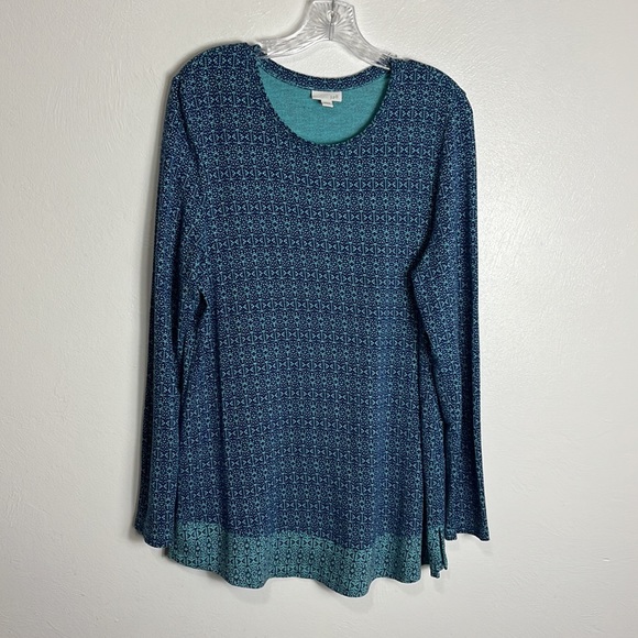 J. Jill Women's M Knit Tunic Blouse Blue Long Sleeve Contrast Border Print - Picture 11 of 12